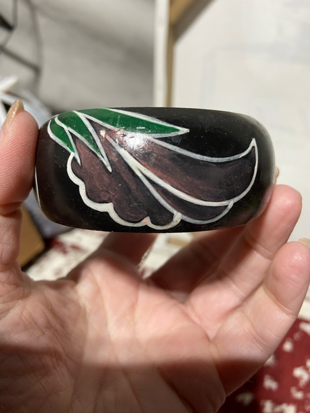 Vintage Painted Wood Bangle Bracelet Black Floral Chunky - Picture 6 of 8